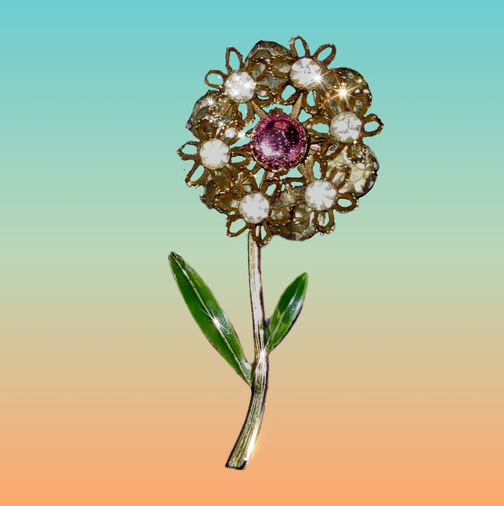 Vintage Rhinestone & Enamel Flower Brooch